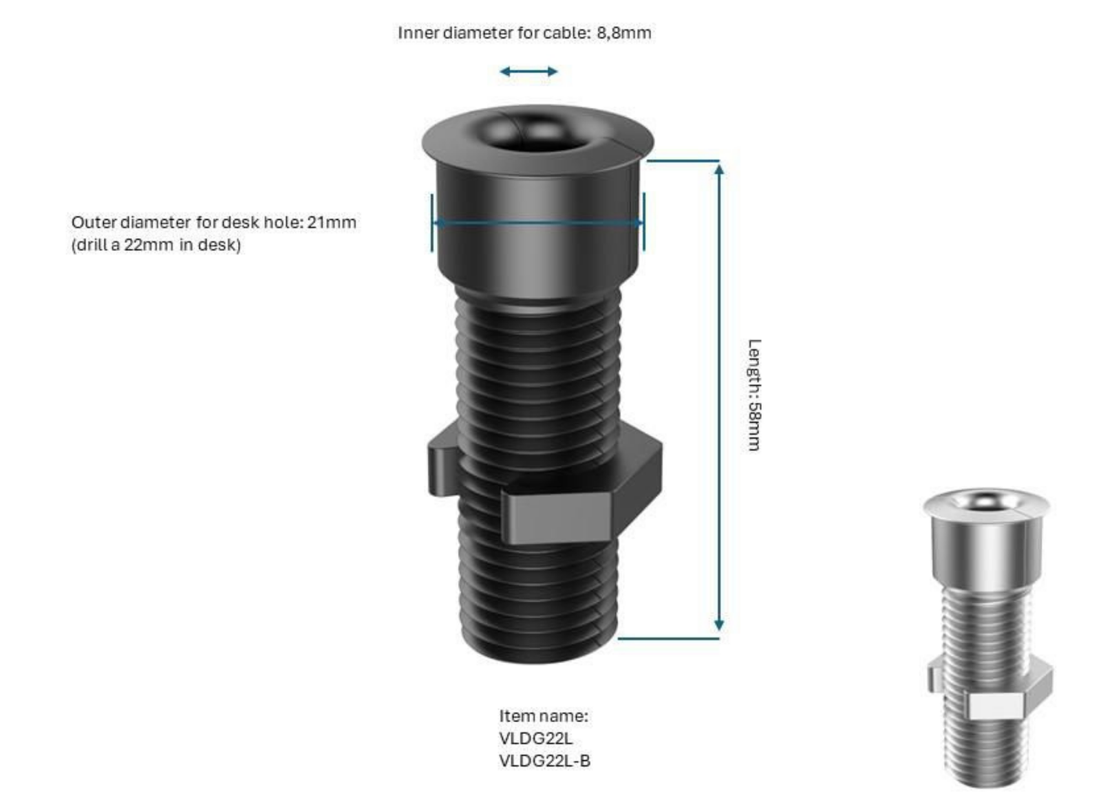 Vivolink Desk Cable Grommet, Black Aluminum, Large for Up to 55mm Desk Plates | VLDG22L-B Cable Accessory Vivolink