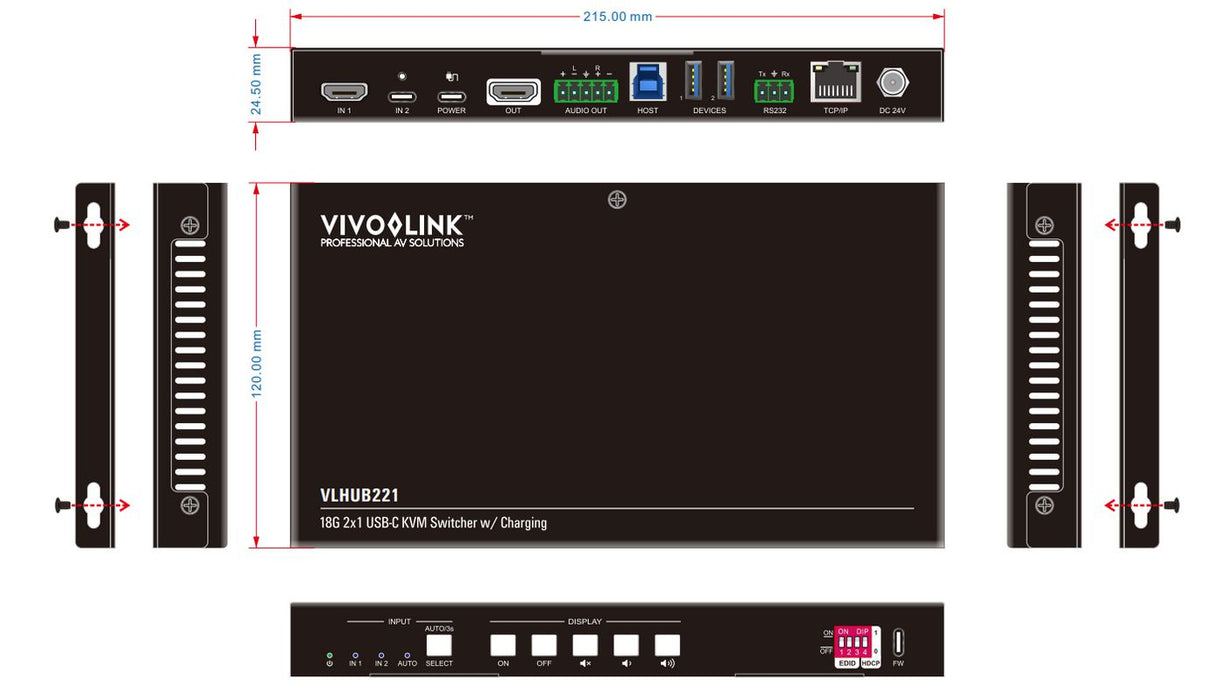 Vivolink 4K 2x1 Meeting Room HUB + Switcher w/soft Codec & CEC | VLHUB221 USB Graphics Adapter Vivolink