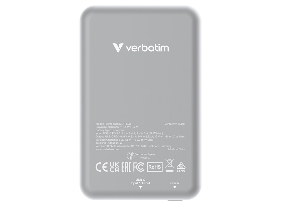 Verbatim Charge 'n' Go Magnetic Wireless Power Bank 5000 mAh - Grey | 32244