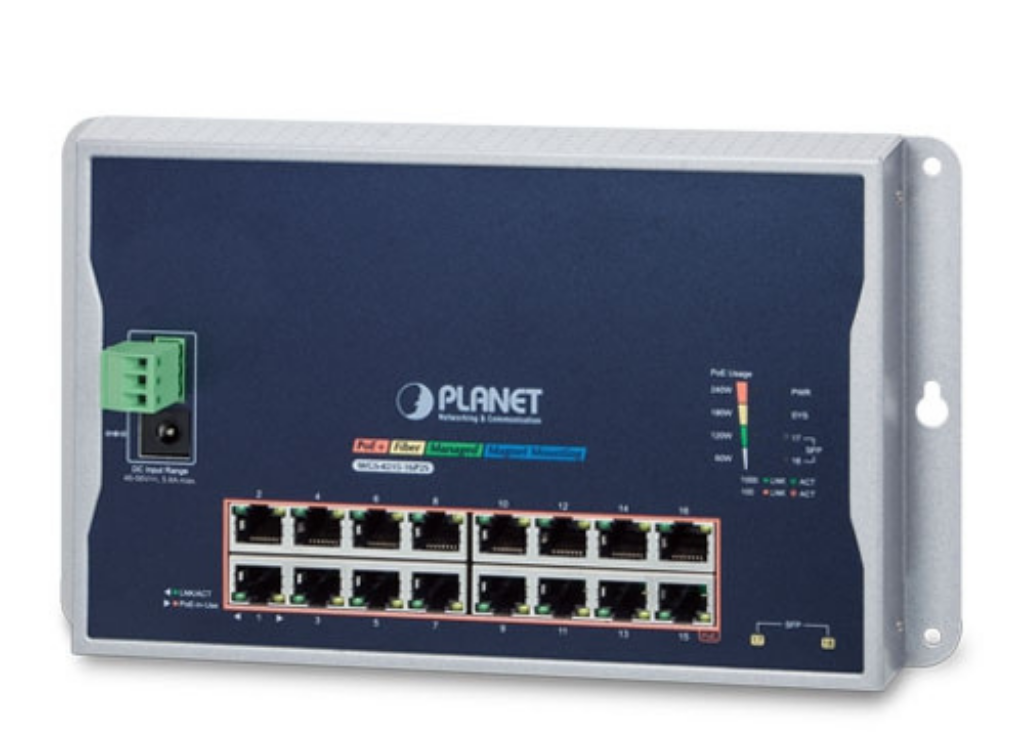 Planet Industrial 16-Port 10/100/1000T 802.3at PoE + 2-Port 100/1000X SFP Wall-mounted Managed Switch | WGS-4215-16P2S Network Switch Planet