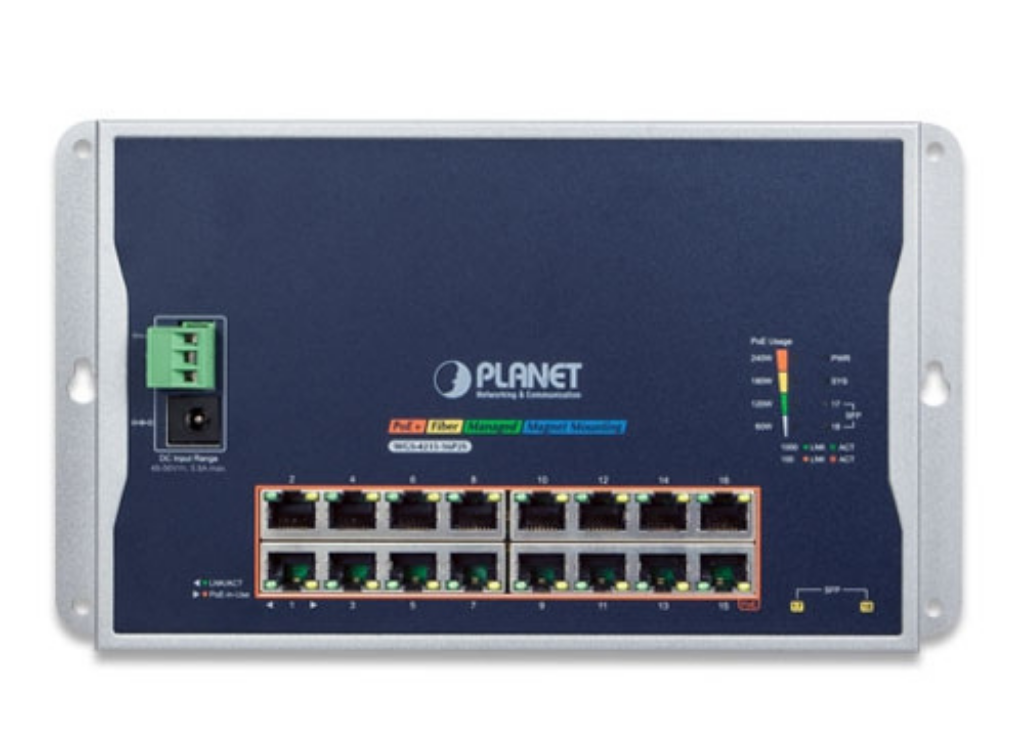Planet Industrial 16-Port 10/100/1000T 802.3at PoE + 2-Port 100/1000X SFP Wall-mounted Managed Switch | WGS-4215-16P2S Network Switch Planet