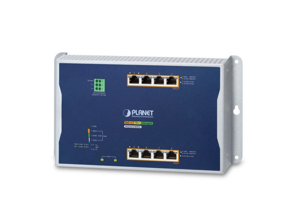 Planet Industrial 4-Port 10/100/1000T 802.3bt PoE + 4-Port 10/100/1000T 802.3at PoE + 2-Port 100/1000X SFP Wall-mount Managed Switch | WGS-4215-8HP2S