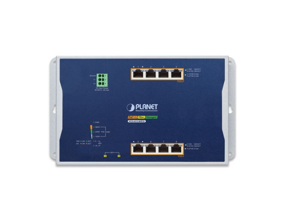 Planet Industrial 4-Port 10/100/1000T 802.3bt PoE + 4-Port 10/100/1000T 802.3at PoE + 2-Port 100/1000X SFP Wall-mount Managed Switch | WGS-4215-8HP2S