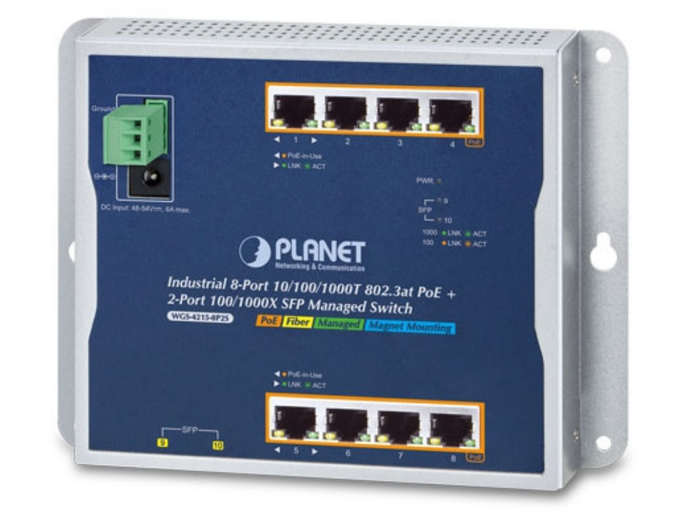 Planet Industrial 8-Port 10/100/1000T 802.3at PoE + 2-Port 100/1000X SFP Wall-mount Managed Switch Network Switch Planet