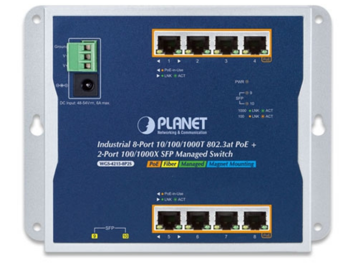 Planet Industrial 8-Port 10/100/1000T 802.3at PoE + 2-Port 100/1000X SFP Wall-mount Managed Switch Network Switch Planet