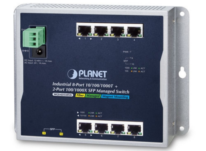 Planet Industrial 8-Port 10/100/1000T + 2-Port 100/1000X SFP Wall-mount Managed Switch (-40~75 degrees C) | WGS-4215-8T2S Network Switch Planet
