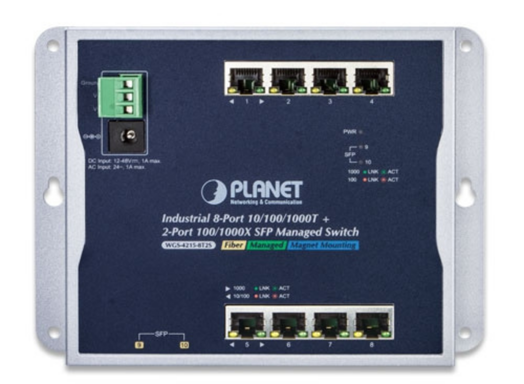 Planet Industrial 8-Port 10/100/1000T + 2-Port 100/1000X SFP Wall-mount Managed Switch (-40~75 degrees C) | WGS-4215-8T2S Network Switch Planet