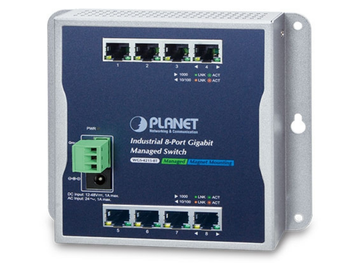 Planet Industrial 8-Port 10/100/1000T Wall-mount Managed Switch (-40~75 degrees C) | WGS-4215-8T Network Switch Planet