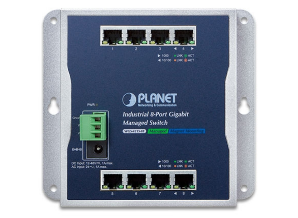 Planet Industrial 8-Port 10/100/1000T Wall-mount Managed Switch (-40~75 degrees C) | WGS-4215-8T Planet Network Switches Planet