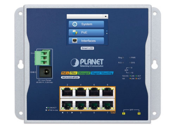 Planet Industrial L2+ 8-port 10/100/1000T 802.3at PoE + 2-port 1G/2.5G SFP Wall-mount Managed Switch with LCD Touch Screen | WGS-5225-8P2SV Network Switch Planet