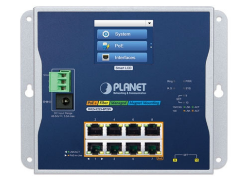 Planet Industrial L2+ 8-port 10/100/1000T 802.3at PoE + 2-port 1G/2.5G SFP Wall-mount Managed Switch with LCD Touch Screen | WGS-5225-8P2SV Planet Network Switches Planet