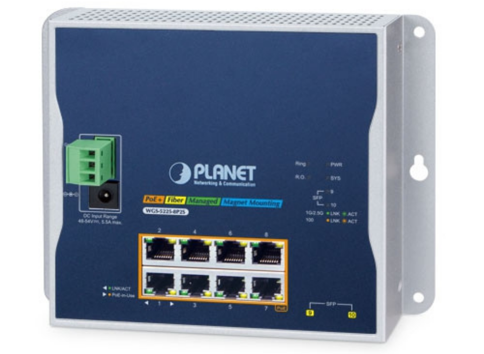 Planet Industrial L2+ 8-Port 10/100/1000T 802.3at PoE + 2-Port 1G/2.5G SFP Wall-mount Managed Switch | WGS-5225-8P2S Planet Network Switches Planet