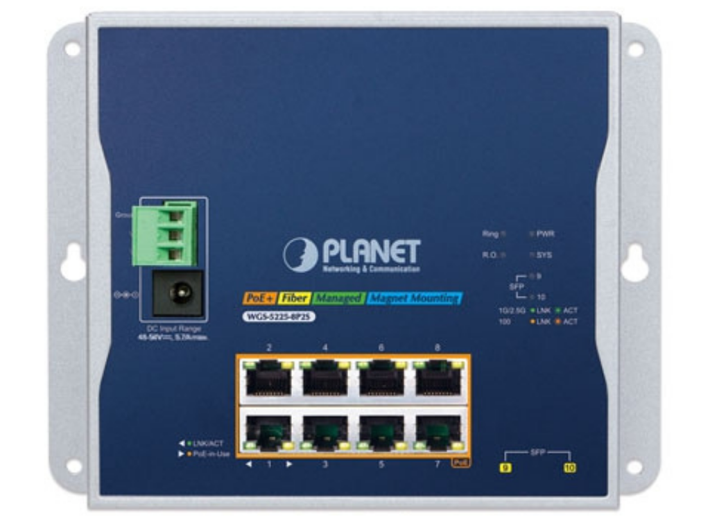 Planet Industrial L2+ 8-Port 10/100/1000T 802.3at PoE + 2-Port 1G/2.5G SFP Wall-mount Managed Switch | WGS-5225-8P2S Network Switch Planet