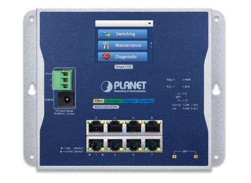 Planet Industrial L2+ 8-port 10/100/1000T + 2-port 1G/2.5G SFP Wall-mount Managed Switch with LCD Touch Screen | WGS-5225-8T2SV Planet Network Switches Planet