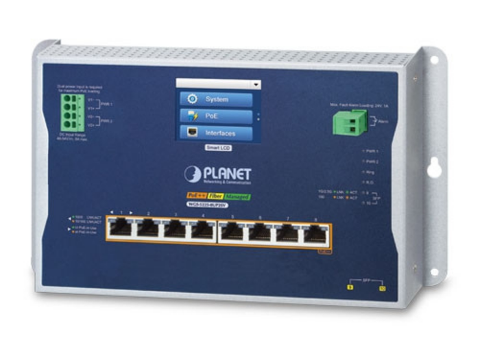 Planet Industrial L2+ 8-Port 10/100/1000T 802.3bt PoE + 2-Port 1G/2.5G SFP Wall-mount Managed Switch with LCD Touch Screen | WGS-5225-8UP2SV Network Switch Planet