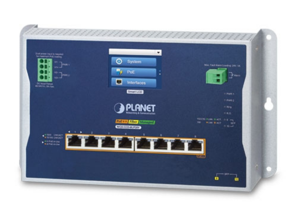 Planet Industrial L2+ 8-Port 10/100/1000T 802.3bt PoE + 2-Port 1G/2.5G SFP Wall-mount Managed Switch with LCD Touch Screen | WGS-5225-8UP2SV Planet Network Switches Planet