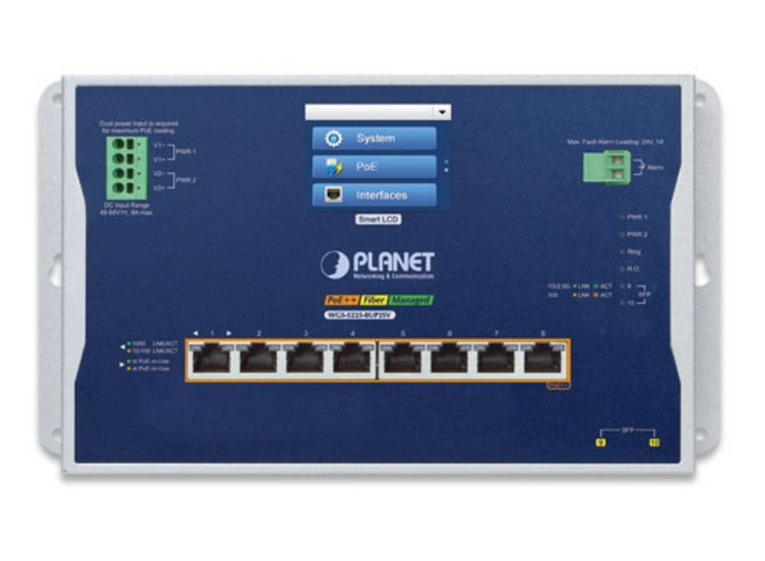 Planet Industrial L2+ 8-Port 10/100/1000T 802.3bt PoE + 2-Port 1G/2.5G SFP Wall-mount Managed Switch with LCD Touch Screen | WGS-5225-8UP2SV Network Switch Planet