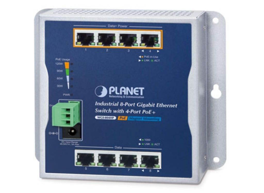 Planet Industrial 8-Port 10/100/1000T Wall-mounted Gigabit Ethernet Switch with 4-Port PoE+ | WGS-804HP Network Switch Planet