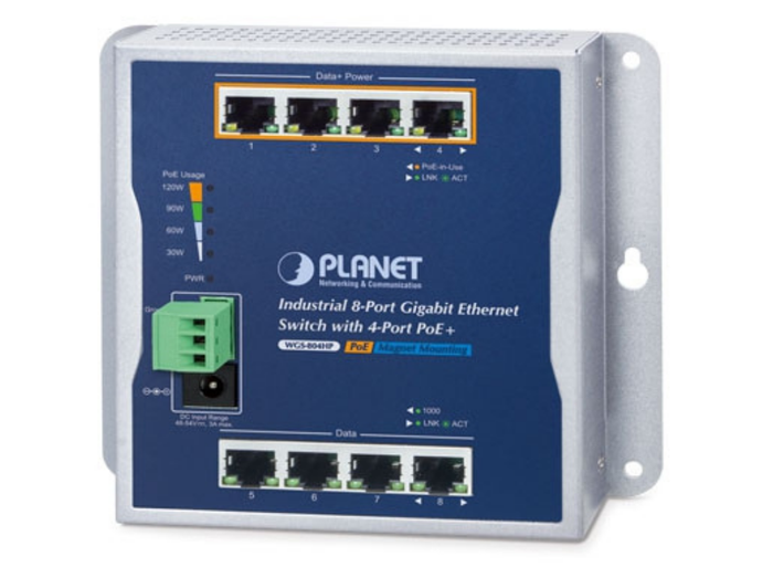 Planet Industrial 8-Port 10/100/1000T Wall-mounted Gigabit Ethernet Switch with 4-Port PoE+ | WGS-804HP Network Switch Planet