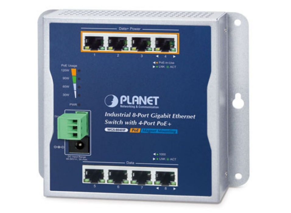 Planet Industrial 8-Port 10/100/1000T Wall-mounted Gigabit Ethernet Switch with 4-Port PoE+ | WGS-804HP Planet Network Switches Planet