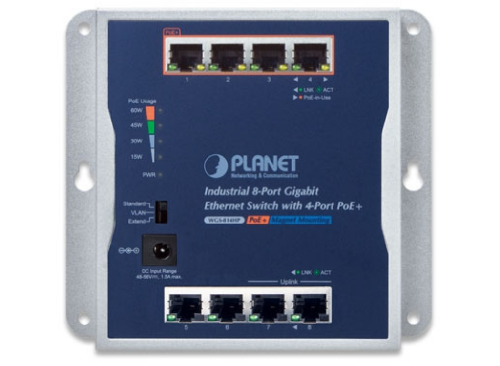 Planet Industrial 8-Port 10/100/1000T Wall-mounted Gigabit Switch with 4-port PoE+ | WGS-814HP Network Switch Planet