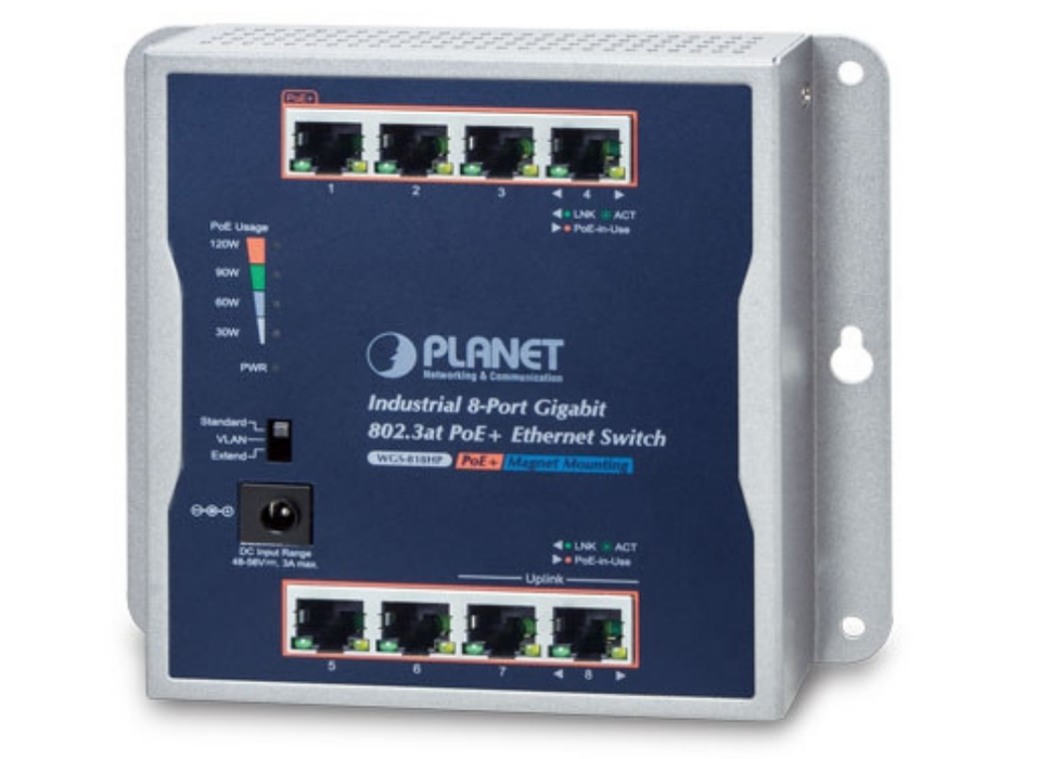 Planet Industrial 8-Port 10/100/1000T Wall-mounted Gigabit PoE+ Switch | WGS-818HP Planet Network Switches Planet