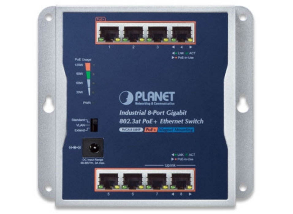 Planet Industrial 8-Port 10/100/1000T Wall-mounted Gigabit PoE+ Switch | WGS-818HP Planet Network Switches Planet