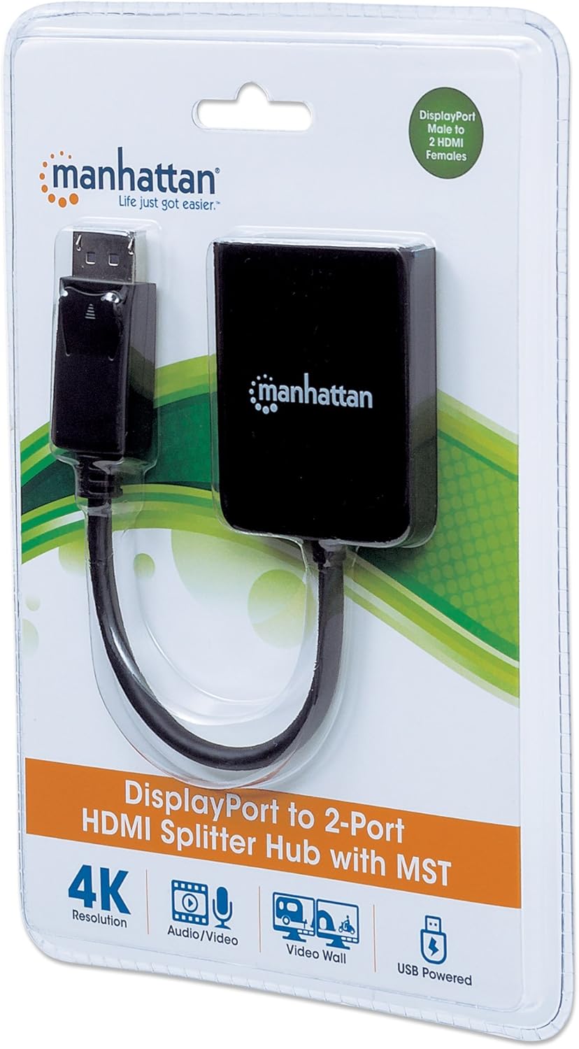 Manhattan DisplayPort 1.2 to 2-Port HDMI Splitter Hub with MST 4K@30Hz USB-A Powered Video Wall Function HDCP 2.2 Black | 152716 Splitter Manhattan