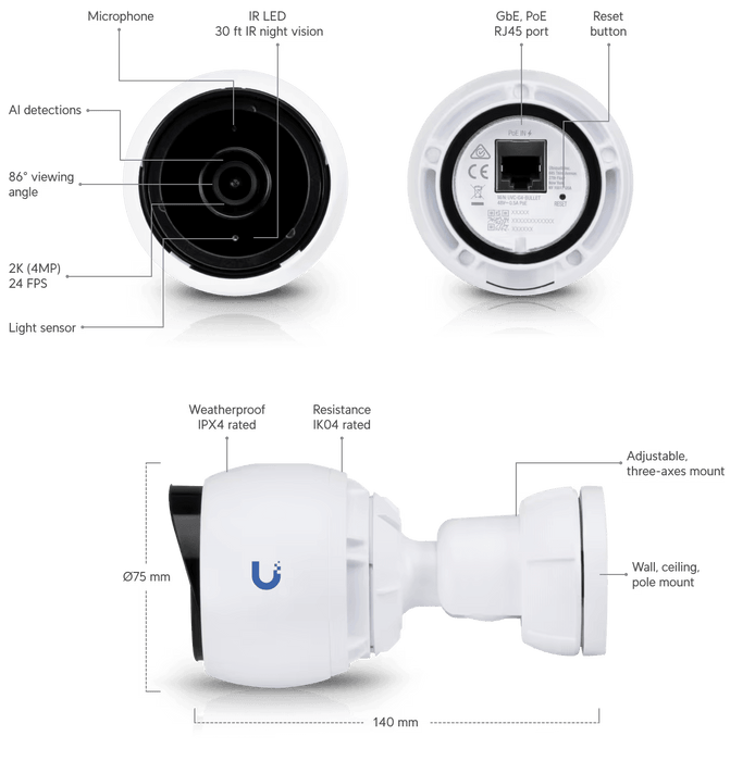 Ubiquiti UniFi Protect G4 Bullet Camera 3 Pack | UVC-G4-BULLET-3 Ubiquiti Security Camera Ubiquiti