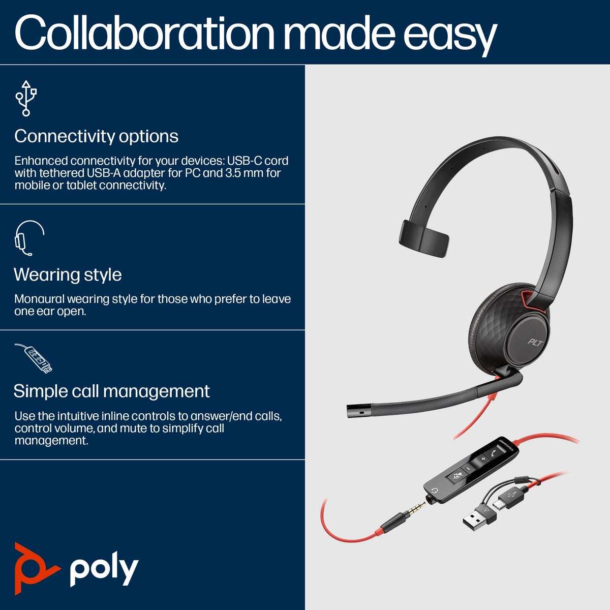 Poly Blackwire 5210 Monaural USB-C Headset + 3.5mm Plug + USB-C/A Adapter | 8X230A6 Headset Poly