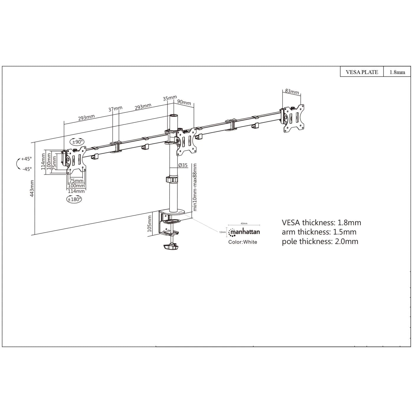 Manhattan 13" - 27" Triple LCD Monitor Mount with Double-Link Swing Arms | 461658 Monitor Arm Desk Mount Manhattan