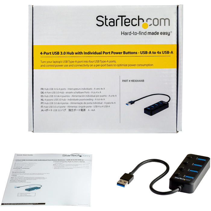 StarTech HB30A4AIB 4 Port USB 3.0 Hub - USB-A to 4x USB 3.0 Type-A with Individual On/Off Port Switches