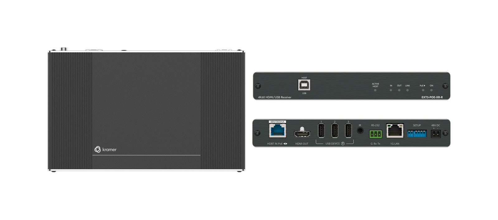 Kramer Electronics EXT3-POE-XR-R 4K60 4:4:4 Receiver with Bidirectional PoE, USB, Ethernet, RS–232, & IR over Extended–Reach HDBaseT 3.0 AV Extender Kramer