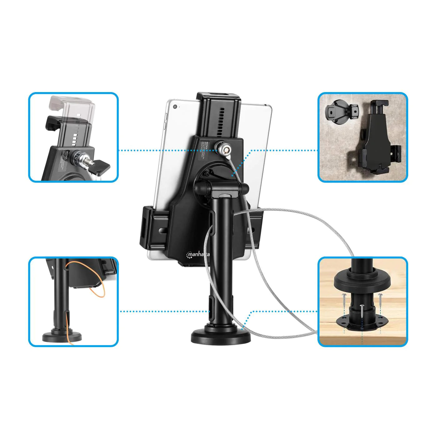 Manhattan 7.9" - 10.5" Lockable Desk Stand And Wall Mount Holder For Tablet And iPad | 462112 Tablet Mount Manhattan