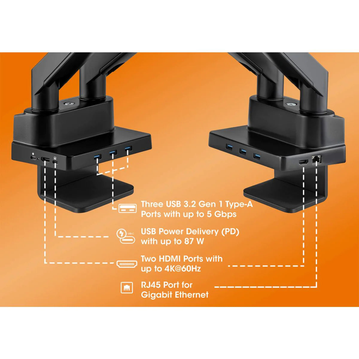 Manhattan 17" - 32" Dual Monitor Desk Mount With Integrated Docking Station | 461887 Monitor Arm Desk Mount Manhattan