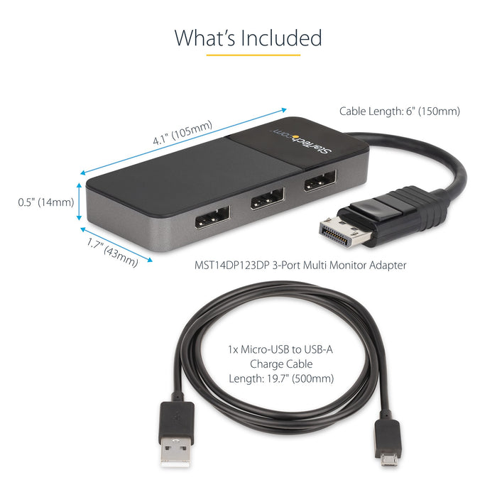 StarTech MST14DP123DP 3-Port DisplayPort 1.4 Splitter, DisplayPort to 3x DP Multi-Monitor Adapter, Triple 4K Computer MST Hub, USB Bus-Powered - Windows Only