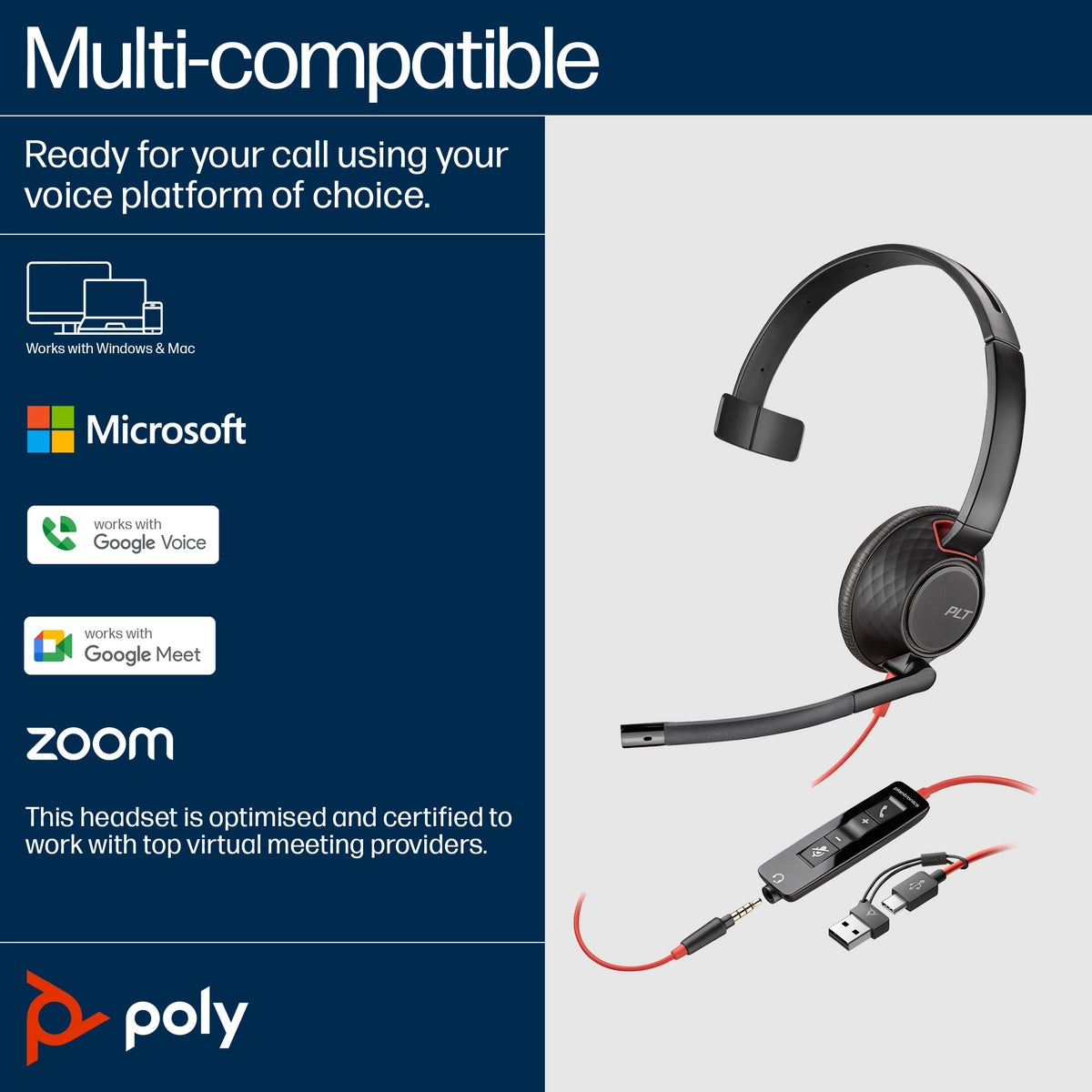 Poly Blackwire 5210 Monaural USB-C Headset + 3.5mm Plug + USB-C/A Adapter | 8X230A6 Headset Poly