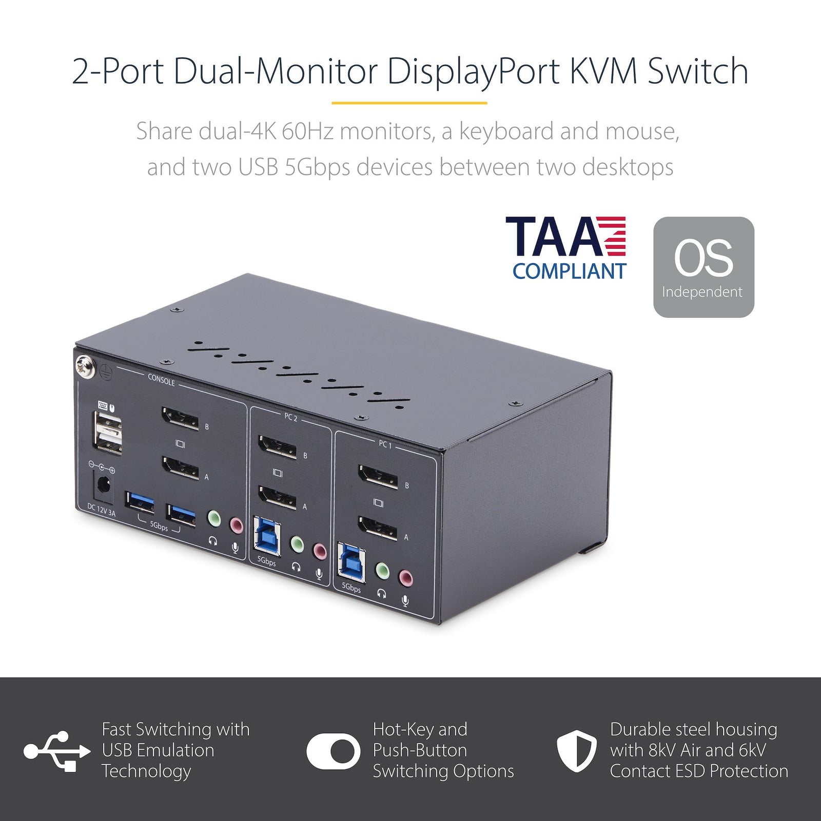 StarTech 2-Port Dual-Monitor DisplayPort KVM Switch, 4K 60Hz | P2DD46A2-KVM-SWITCH Switches Startech