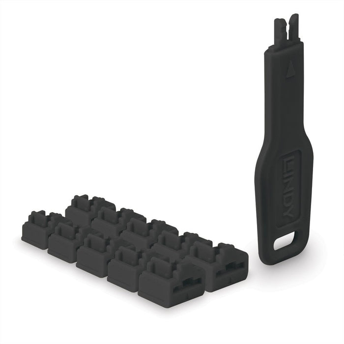 Lindy RJ45 Port Blocker, 10pcs + 1 Key, Black | 47891 Port Blocker Lindy