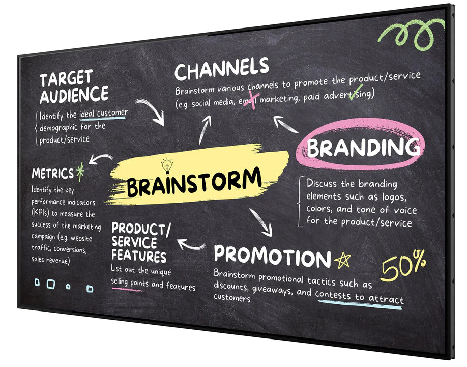 ScreenMoove SM43C-L 43 inch commercial digital signage display showing business presentation and marketing strategy content for corporate and educational environments