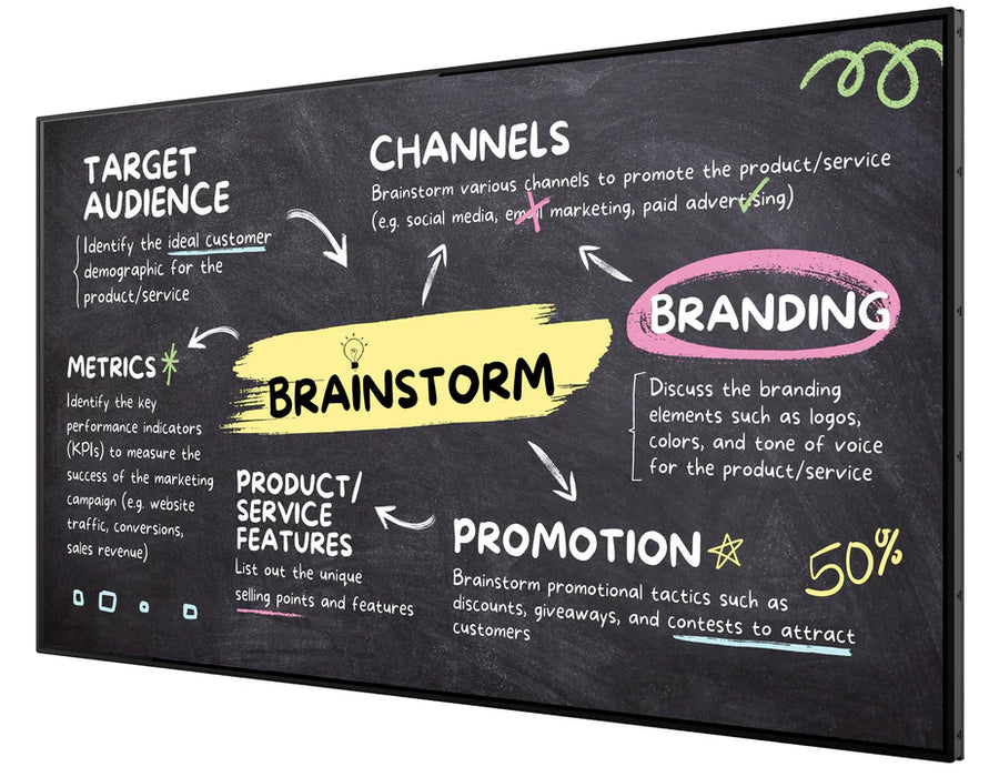 ScreenMoove SM43C-L 43 inch commercial digital signage display showing business presentation and marketing strategy content for corporate and educational environments