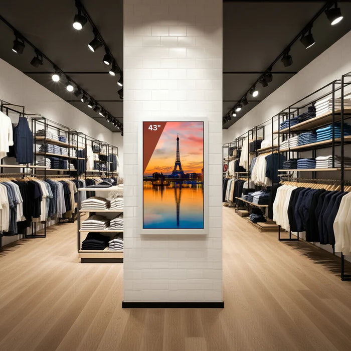 ScreenMoove SM43C-L 43 inch portrait digital signage display installed in a fashion retail store for promotional and advertising content