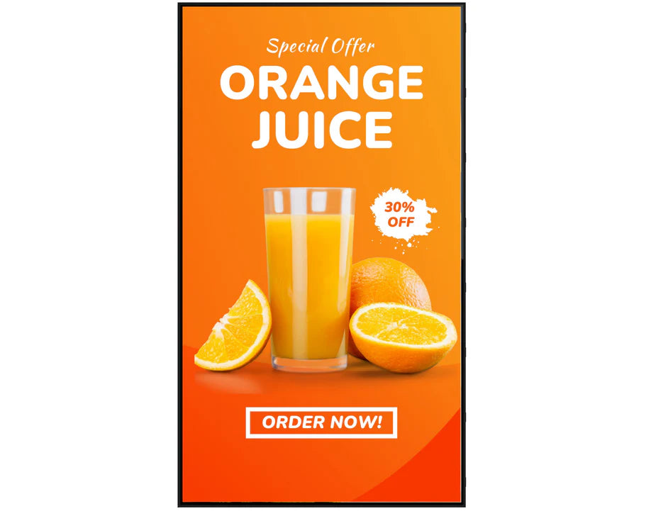 ScreenMoove SM43C-L 43 inch portrait commercial digital signage display showing orange juice promotional advertising content for cafés, restaurants and hospitality venues