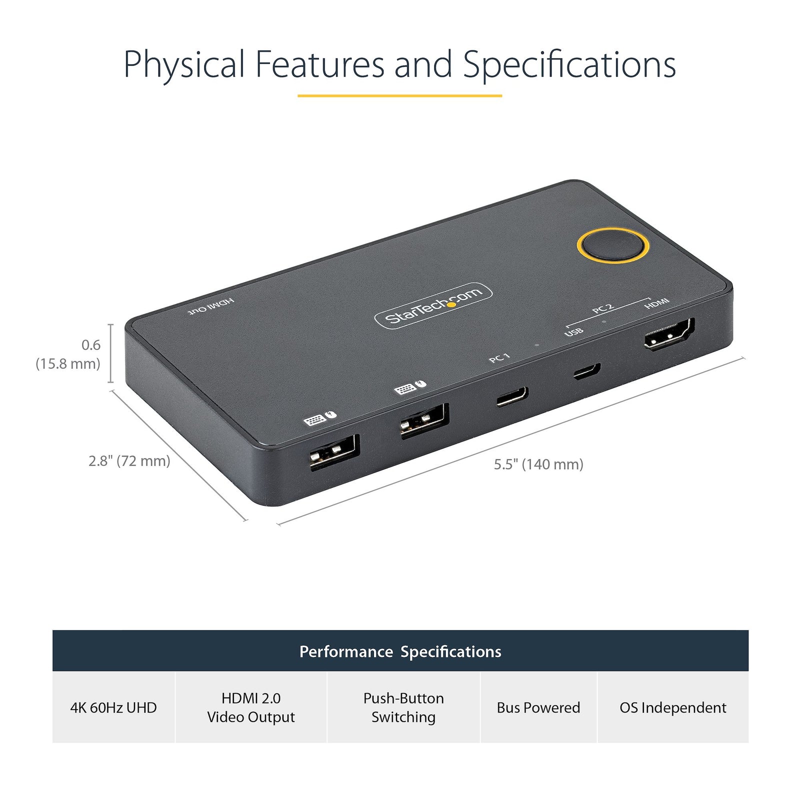 StarTech 2 Port Hybrid USB-A + HDMI & USB-C KVM Switch | SV221HUC4K Switches Startech