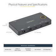 StarTech 2 Port Hybrid USB-A + HDMI & USB-C KVM Switch | SV221HUC4K Switches Startech