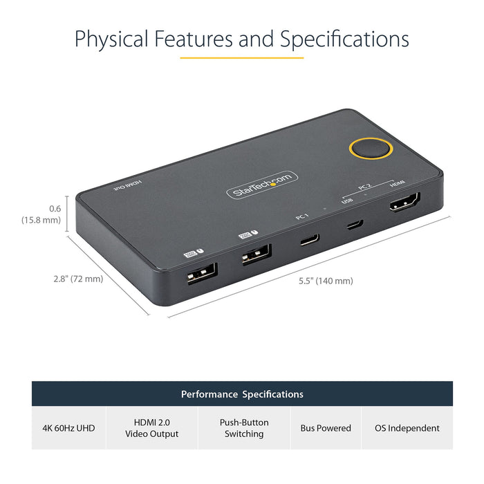 StarTech 2 Port Hybrid USB-A + HDMI & USB-C KVM Switch | SV221HUC4K