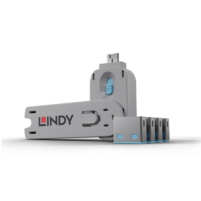 Lindy USB-A Port Blocker Kit, Blue (1x Key, 4x Locks) | 40452 Port Blocker Lindy