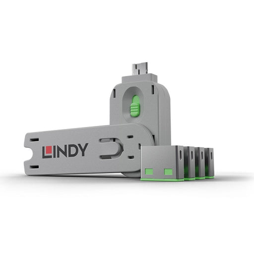 Lindy USB-A Port Blocker Kit, Green (1x Key, 4x Locks) | 40451 Port Blockers Lindy