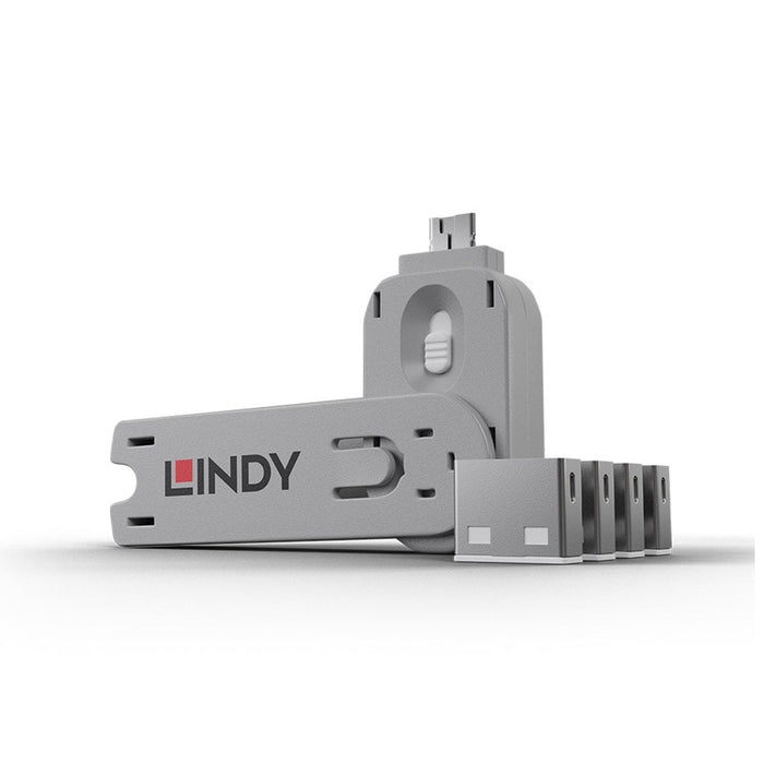 Lindy USB-A Port Blocker Kit, White (1x Key, 4x Locks) | 40454 Port Blocker Lindy