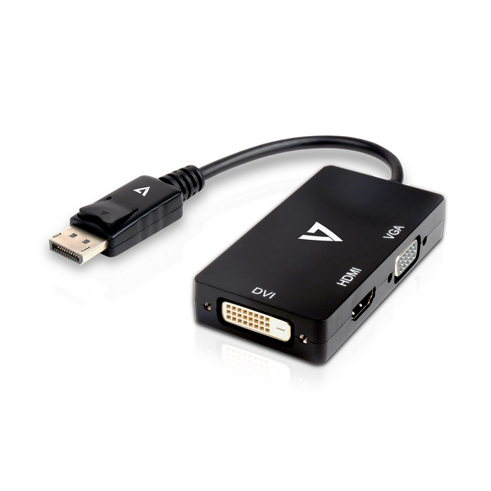 V7 DisplayPort 1.2 Male to VGA Female, DVI-D Female, HDMI 1.4 Female Adapter 1080P FHD Black | V7DP-VGADVIHDMI-1E